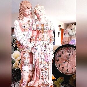 Tall Antique French Continental Couple Handpainted Victorian Statue